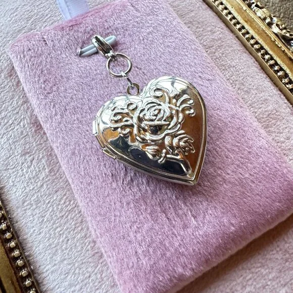 Heart Locket Charm Pendant With Floral Design In Stainless Steel Lobster Clasp - Picture 6 of 16